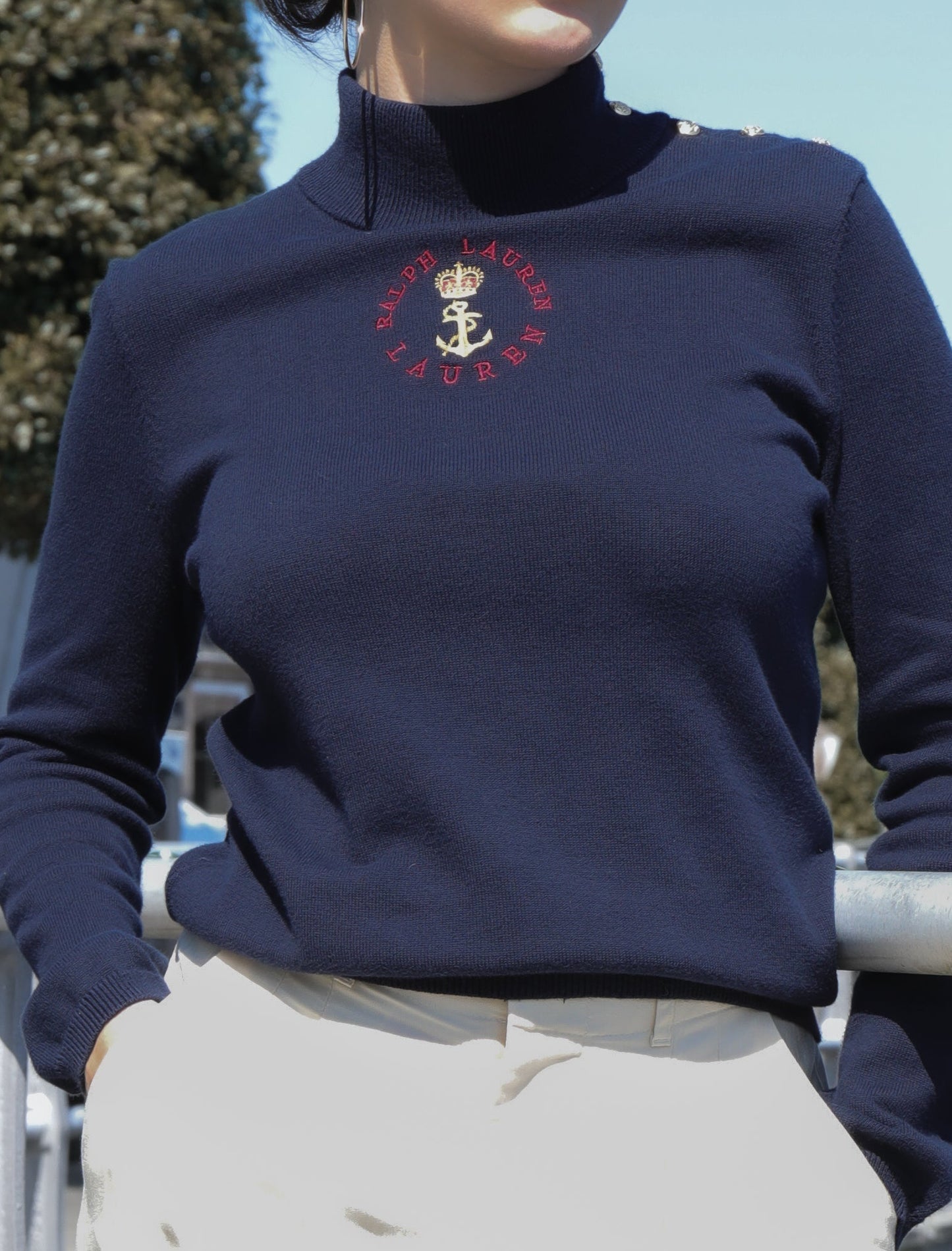 Vintage Lauren Ralph Lauren Navy Mock Neck Emblem Top 90s / 00s
