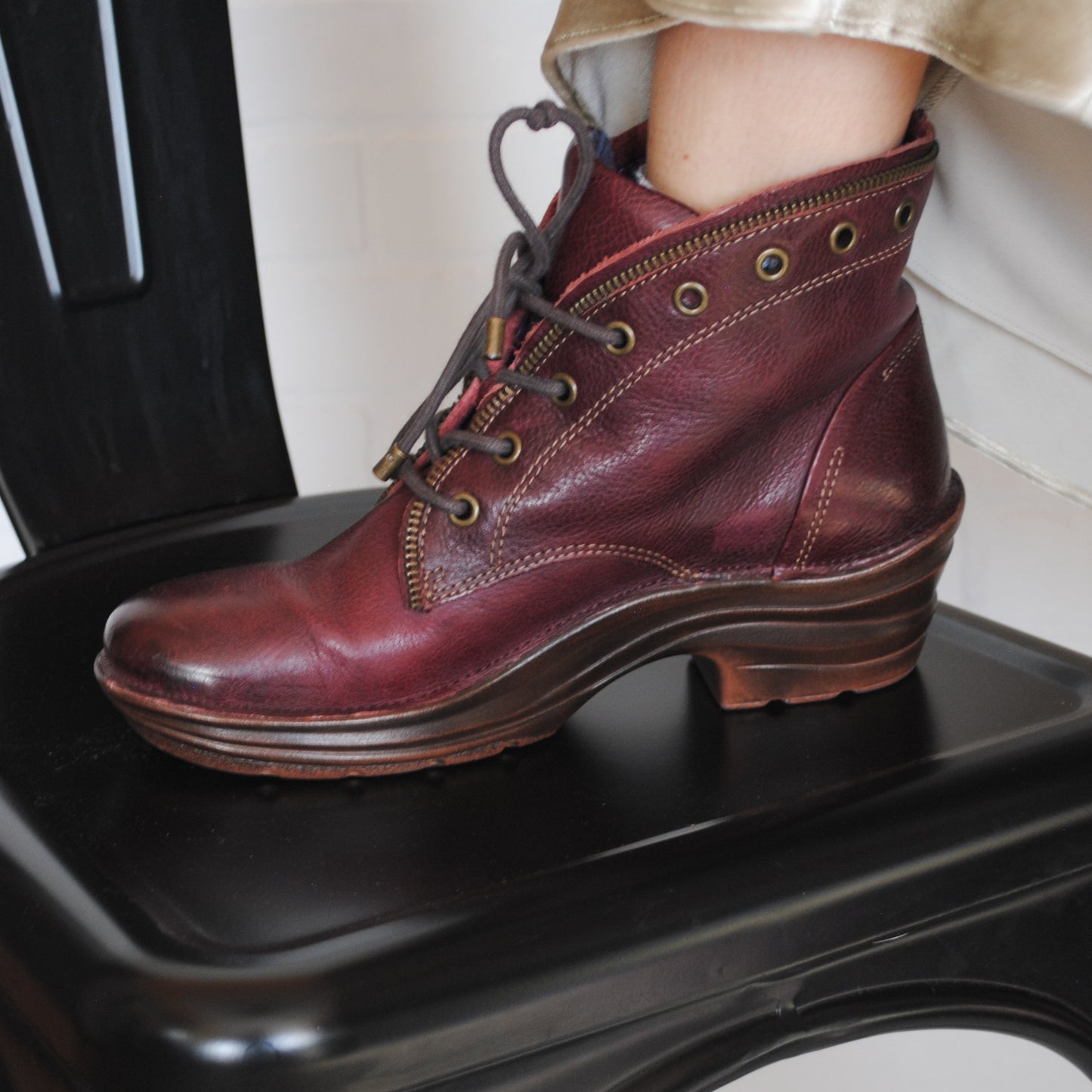 Bionico Burgundy Leather Zipper Trim Lace Up Booties