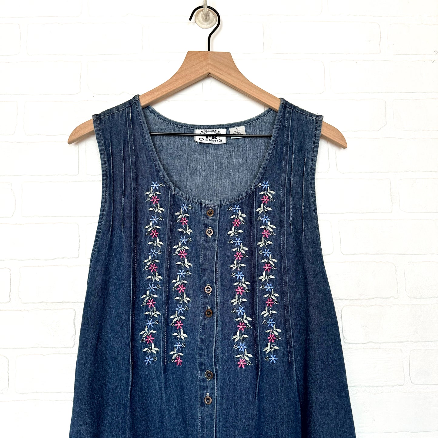 Vintage Denim Sleeveless Floral Embroidered Maxi Dress