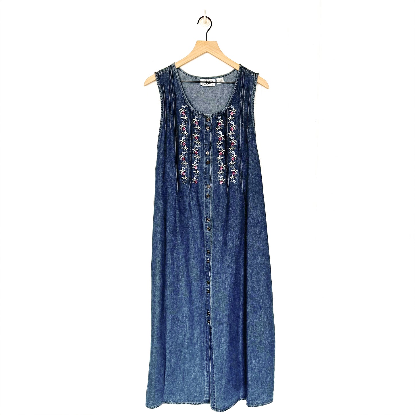 Vintage Denim Sleeveless Floral Embroidered Maxi Dress