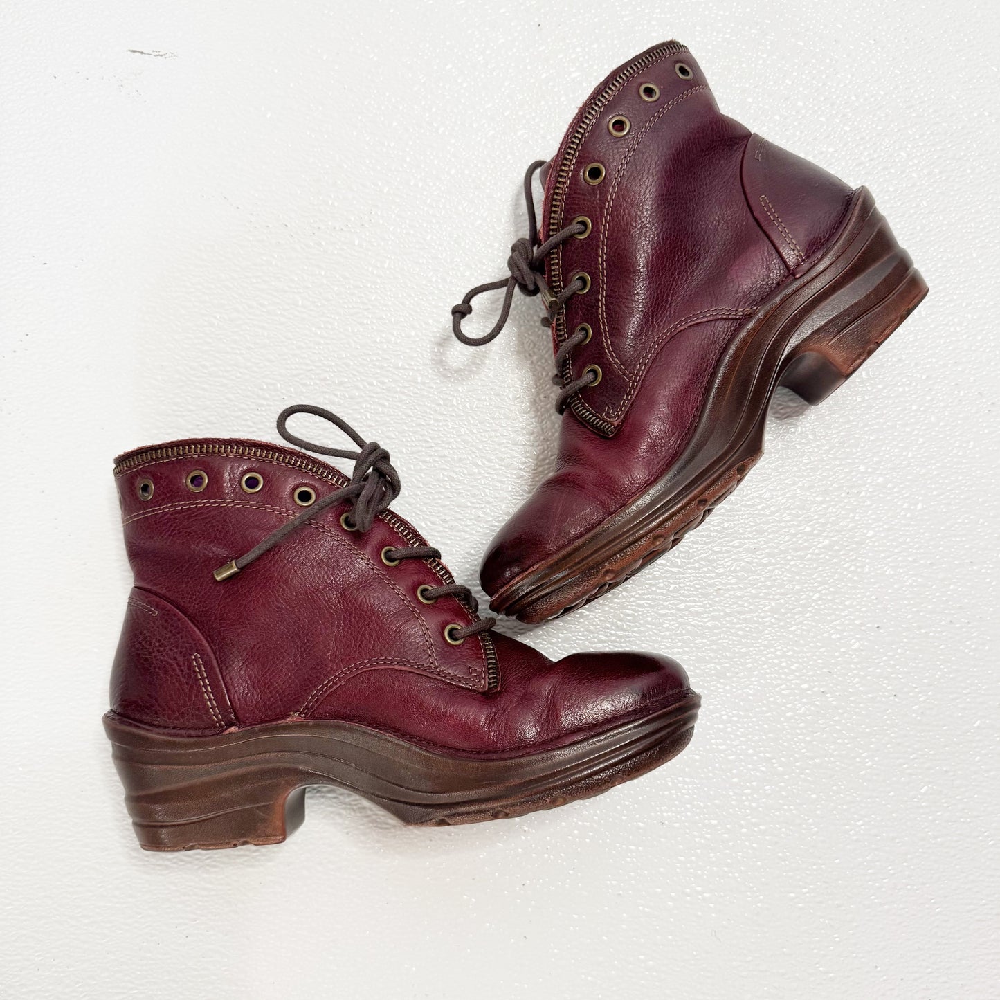 Bionico Burgundy Leather Zipper Trim Lace Up Booties