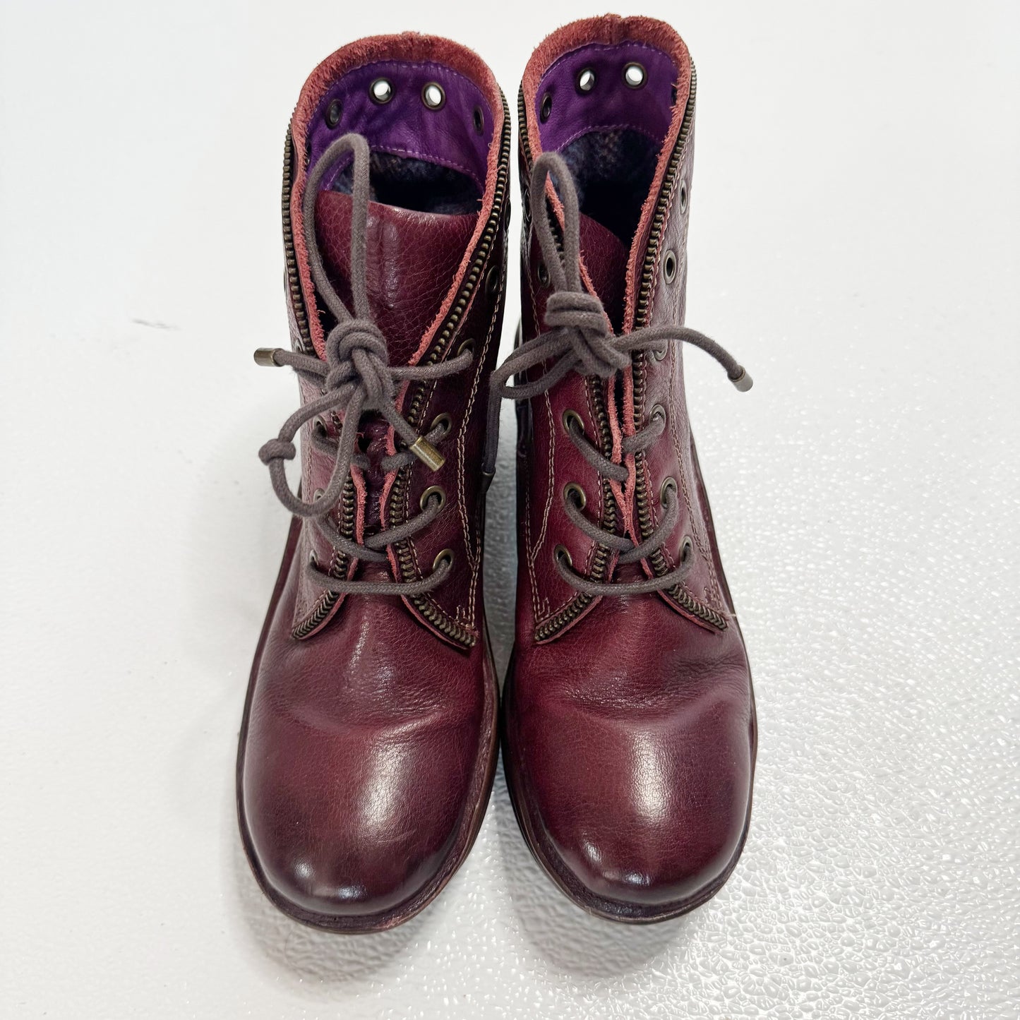 Bionico Burgundy Leather Zipper Trim Lace Up Booties