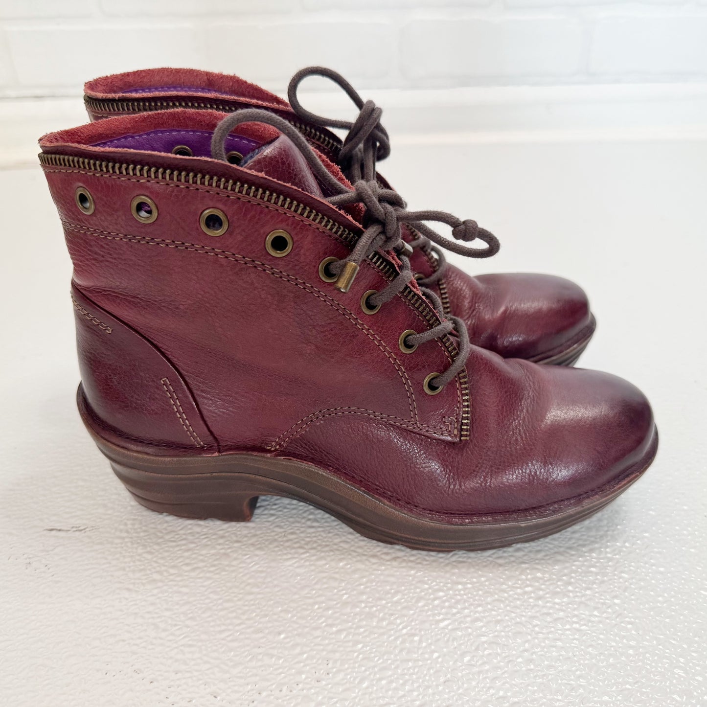 Bionico Burgundy Leather Zipper Trim Lace Up Booties