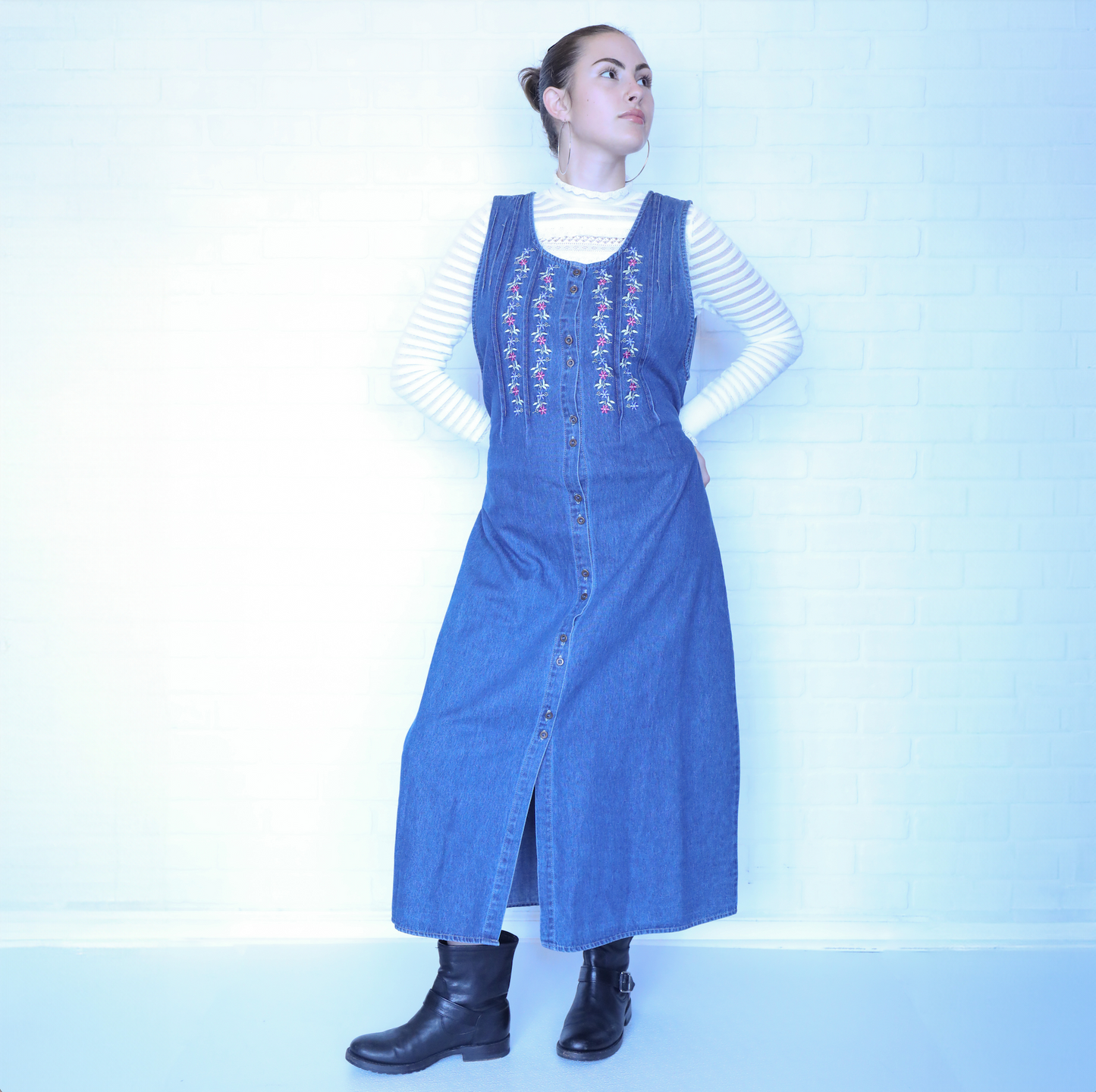 Vintage Denim Sleeveless Floral Embroidered Maxi Dress