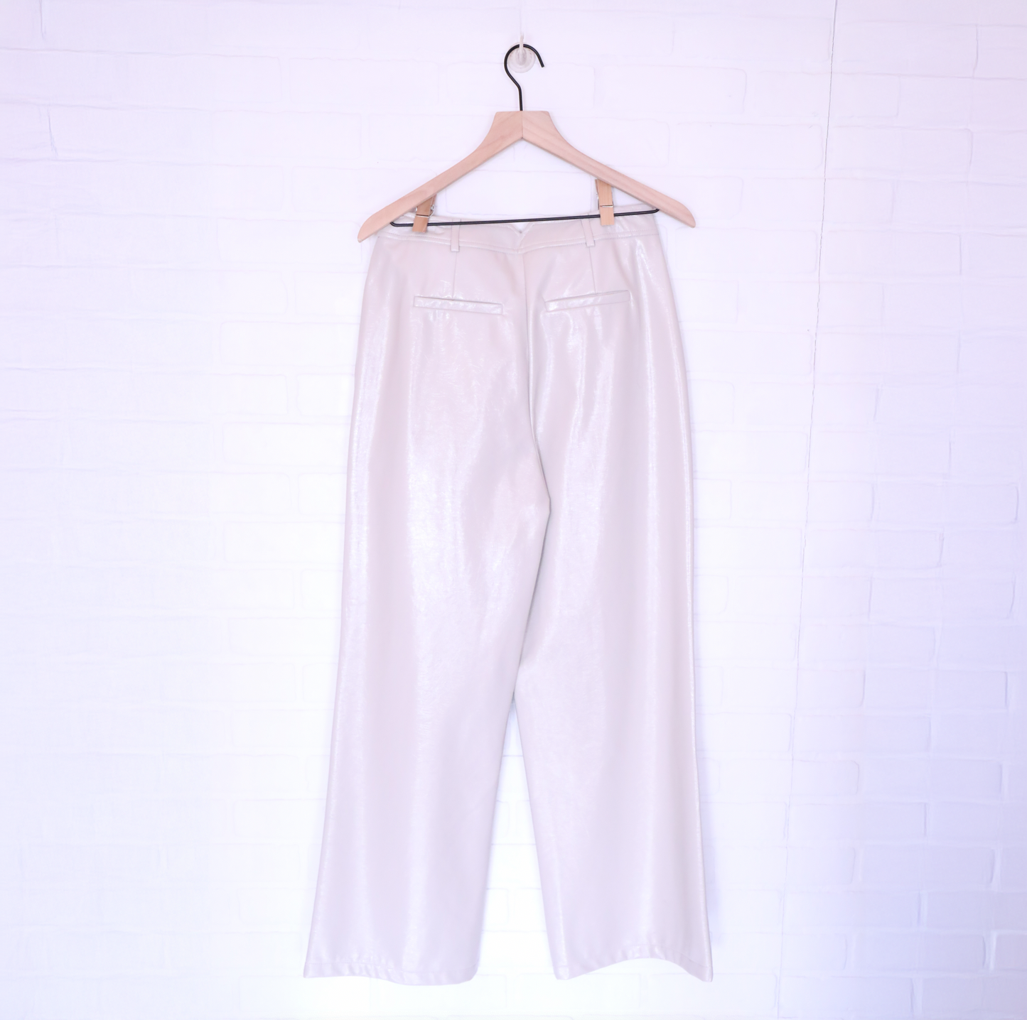 7 For All Mankind Cream Polyurethane Faux Leather Wide Leg Pants