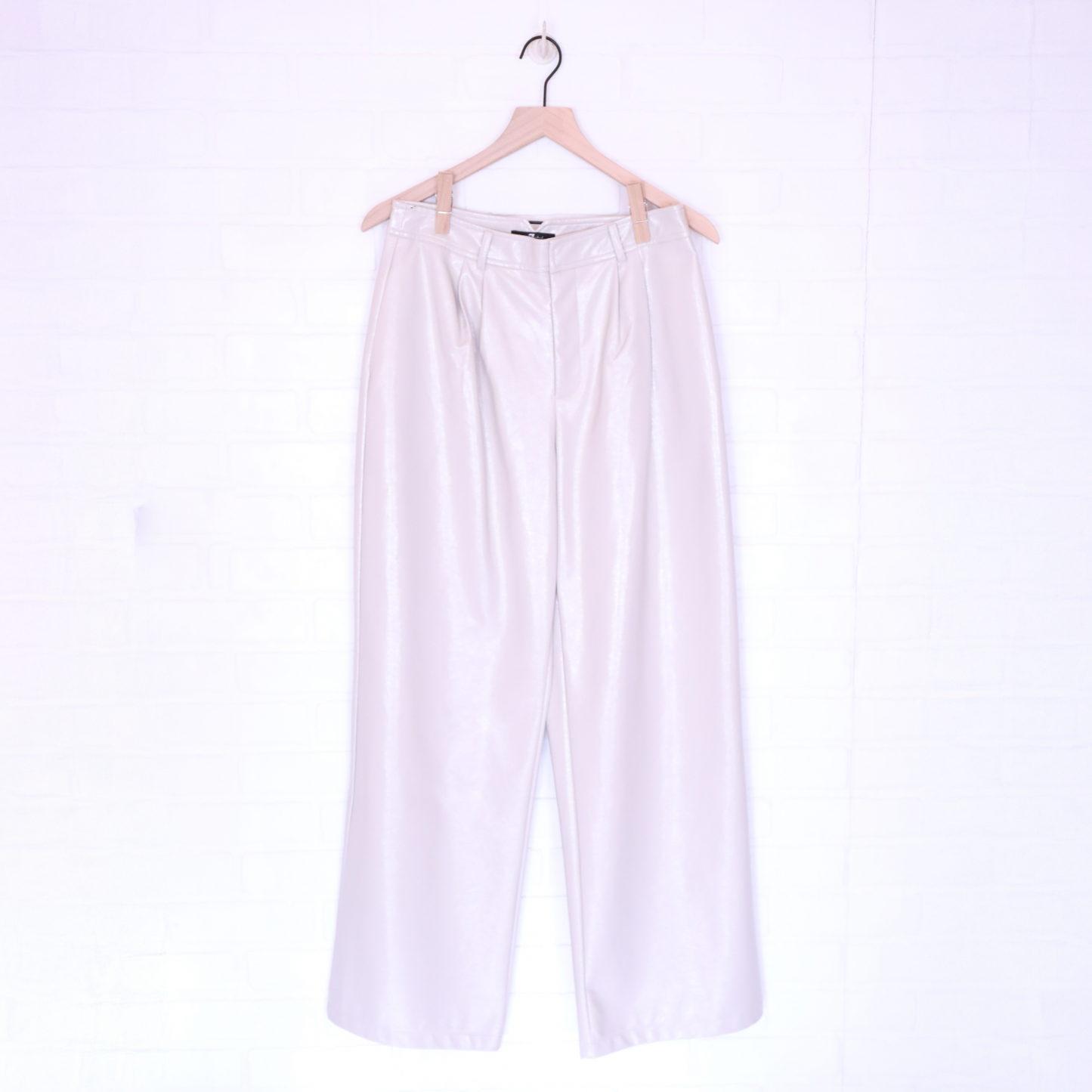 7 For All Mankind Cream Polyurethane Faux Leather Wide Leg Pants