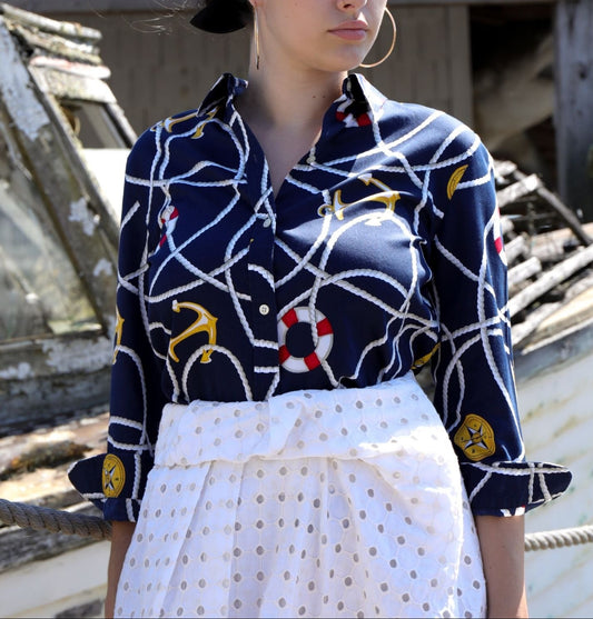 Lauren Ralph Lauren Nautical Themed Full Button Blouse