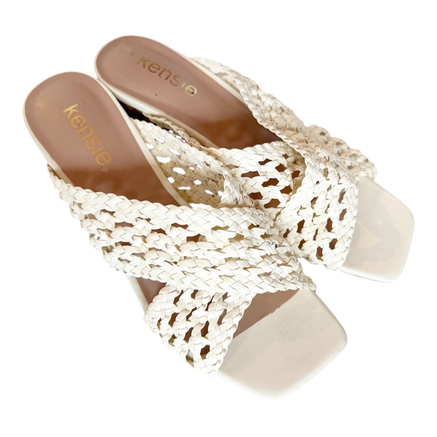 Kensie Khadija Mesh Laser Cut Criss Cross Stacked Heel Sandal