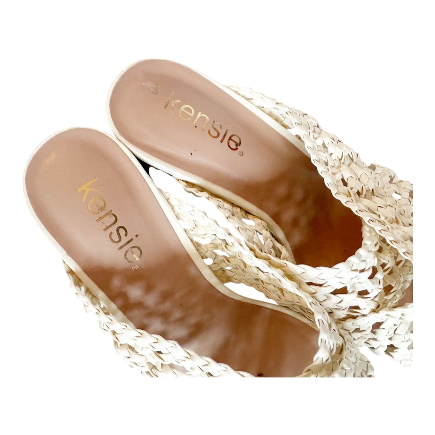 Kensie Khadija Mesh Laser Cut Criss Cross Stacked Heel Sandal