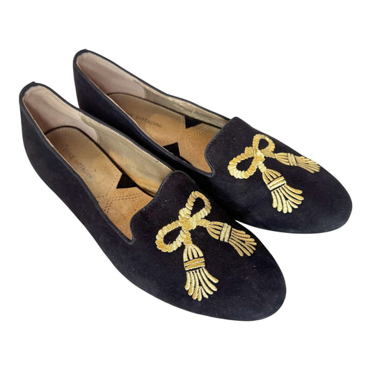 Adrienne Vittadini Black Gold Tassel Embroidered Loafer / Flat Sz 8.5