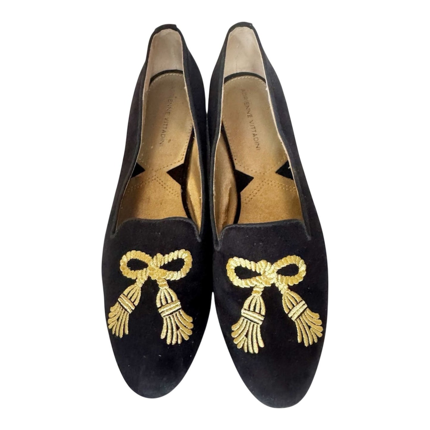 Adrienne Vittadini Black Gold Tassel Embroidered Loafer / Flat Sz 8.5