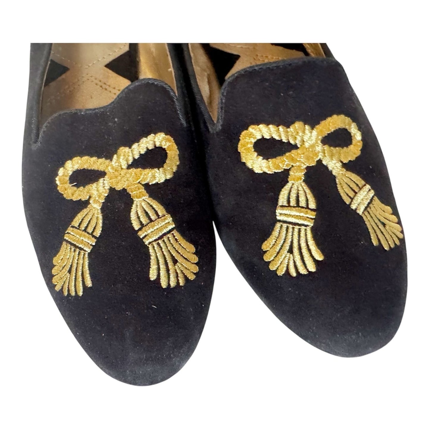 Adrienne Vittadini Black Gold Tassel Embroidered Loafer / Flat Sz 8.5