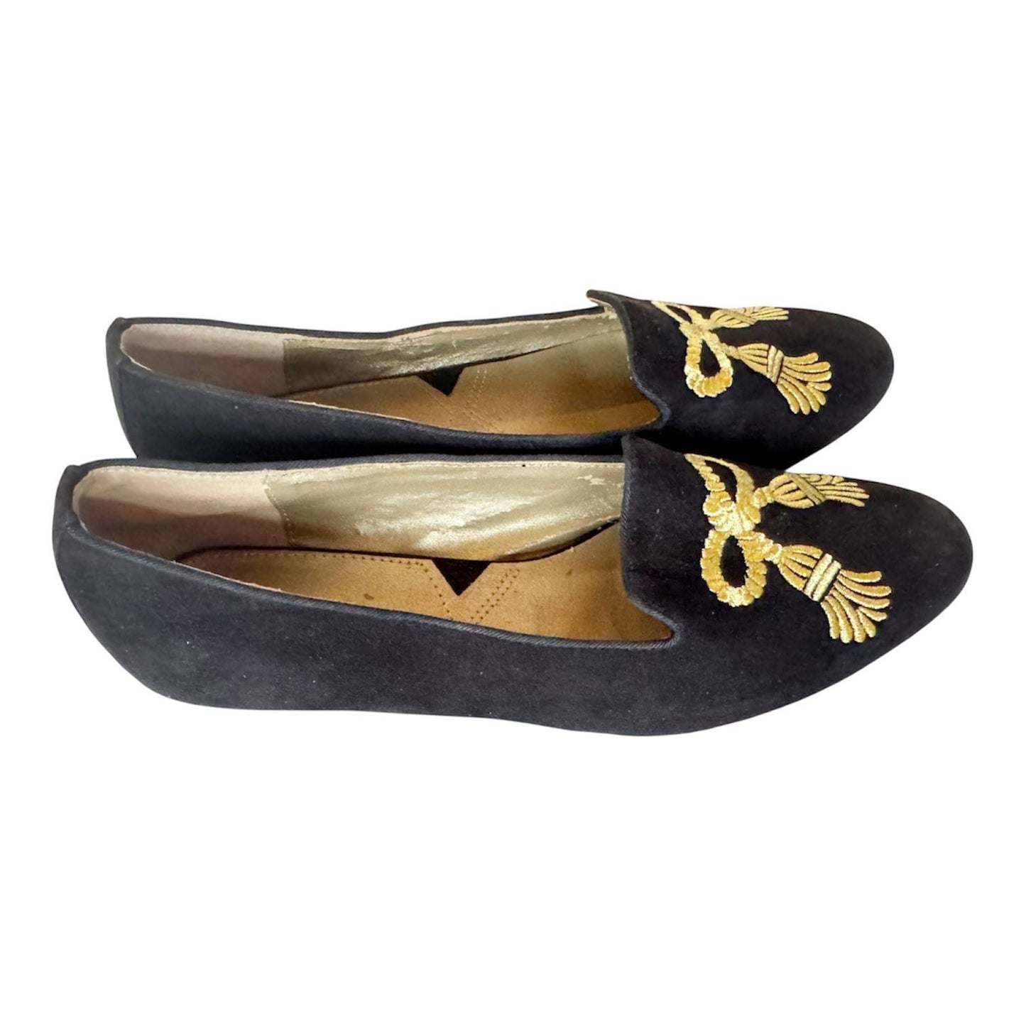 Adrienne Vittadini Black Gold Tassel Embroidered Loafer / Flat Sz 8.5