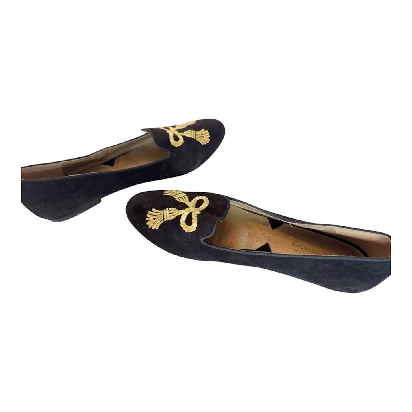 Adrienne Vittadini Black Gold Tassel Embroidered Loafer / Flat Sz 8.5